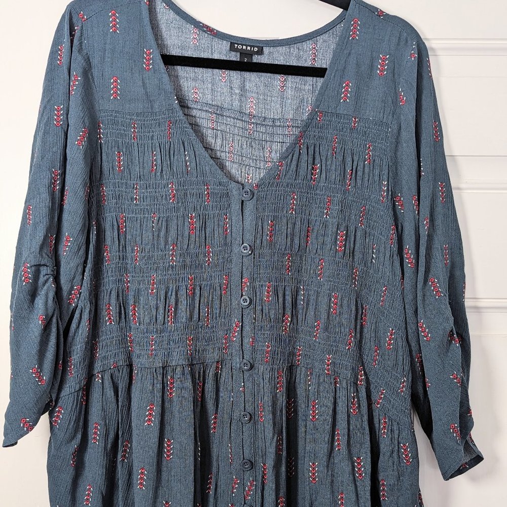 Torrid Blue Crinkle Gauze Three-Quarter Sleeve Blouse